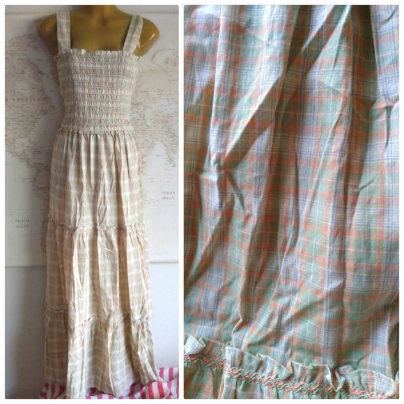 Max Studio Dresses & Skirts - NEW Max Studio Tiered Smocked Maxi Dress in Green and Peach Gingham, Size Small